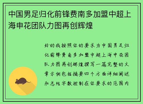 中国男足归化前锋费南多加盟中超上海申花团队力图再创辉煌 中国男足归化前锋费南多加盟中超上海申花团队力图再创辉煌