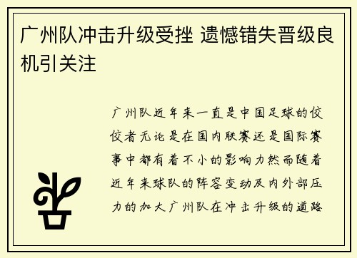 广州队冲击升级受挫 遗憾错失晋级良机引关注 广州队冲击升级受挫 遗憾错失晋级良机引关注
